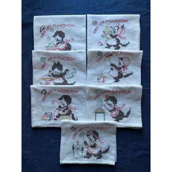 Vintage 7 Days of the Week Good Luck Cat Dishtowel Set - Picture 1 of 2